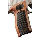 Sig Sauer M11-A1 custom walnut wood grips for P226 pistol, showcasing polished finish and ergonomic design.