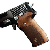 Sig Sauer P226 M11-A1 custom walnut wood grips with detailed grain and ergonomic design for enhanced firearm handling.