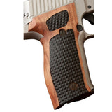 Sig Sauer M11-A1 custom walnut grips on P226 pistol, showcasing detailed wood finish and ergonomic design.