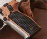 Walnut wood custom grips for Sig Sauer M11-A1 pistol, designed by Bestpistolgrips, showcasing detailed craftsmanship.
