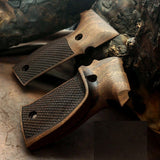 Sig Sauer P226 M11-A1 custom walnut wood grips with dragonskin checkering for enhanced grip and aesthetic appeal.
