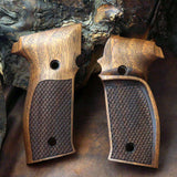 Sig Sauer M11-A1 pistol with custom walnut wood grips featuring dragonskin checkering, designed by Bestpistolgrips.