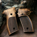 Sig Sauer M11-A1 pistol with custom walnut wood grips featuring dragonskin checkering, designed by Bestpistolgrips.