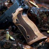 Sig Sauer M11-A1 custom walnut wood grips with professional target design on Sig Sauer P226 pistol.