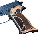 Sig Sauer P226 M11-A1 custom walnut wood grips with professional target design on a firearm.