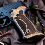 Sig Sauer P226 M11-A1 custom walnut wood grips with professional target design, designed for ergonomic firearm handling.