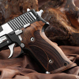 Sig Sauer M11-A1 custom grips made from walnut wood with professional target design on a P226 handgun.