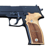 Sig Sauer P226 M11-A1 custom walnut wood grips with engraved Sig Sauer logo for enhanced firearm handling and style.