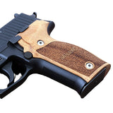 Sig Sauer P226 M11-A1 custom walnut wood grips with engraved Sig Sauer text, designed for ergonomic handling and style.