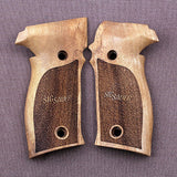 Sig Sauer M11-A1 custom grips made from walnut wood with engraved Sig Sauer text for a P226 pistol.