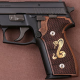 Sig Sauer P226 custom walnut wood grips with brass logo inlay, designed for enhanced grip and classic style.