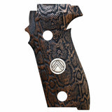 A gun grip replacement with a brown and black snakeskin pattern, featuring a silver Legion logo in the center and two circular cutouts.