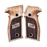 Sig Sauer P226 Legion custom walnut grips with dragon skin checkering and engraved logo for enhanced grip and style.