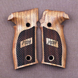 Sig Sauer P226 Legion custom walnut grips with dragon skin checkering and engraved logo for enhanced grip and style.