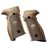 Close-up of Sig Sauer M11-A1 custom grips with textured surface on a pistol.