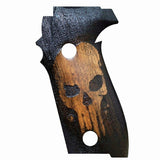 Sig Sauer P226 custom walnut wood grips with laser-engraved skull logo, designed for enhanced grip and style.