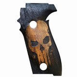 Walnut wood Sig Sauer P226 custom grips with laser-engraved skull logo, designed for firearm enhancement.