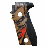Walnut wood Sig Sauer P226 custom grips with laser-engraved logo, designed for improved grip and aesthetic appeal.