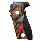 Sig Sauer P226 custom walnut wood grips with laser-engraved logo for enhanced firearm grip and aesthetic appeal.