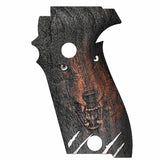 Sig Sauer M11-A1 custom walnut wood grips with engraved logo for P226 pistol, showcasing detailed craftsmanship and natural wood grain.