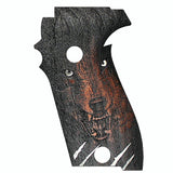 Sig Sauer M11-A1 pistol with custom walnut wood grips featuring engraved logo, showcasing detailed craftsmanship.