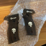 Sig Sauer P226 custom grips made from walnut wood with silver logo and text inlay, designed for enhanced firearm handling.