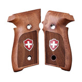 Sig Sauer M11-A1 custom walnut wood grips with silver logo inlay on a P226 pistol, showcasing detailed craftsmanship.