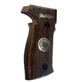 Sig Sauer M11-A1 pistol with custom walnut wood grips featuring silver logo inlay and engraved text.