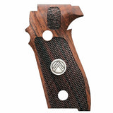 A pistol grip replacement with a dark brown wood grain body, textured black grip panels, two circular cutouts, and a silver legion logo medallion in the center.