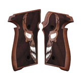 Sig Sauer P226 custom grips made from walnut wood with silver skull inlay, designed for enhanced grip and style.