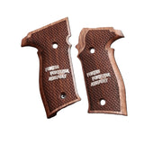 Sig Sauer P228 custom grips made from walnut wood with silver text inlay, designed for enhanced firearm handling and style.