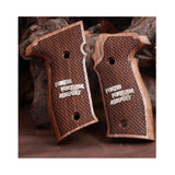 Custom walnut wood grips for Sig Sauer P226 with silver text inlay, designed for enhanced grip and aesthetic appeal.