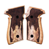 Sig Sauer M11-A1 custom grips made from walnut wood with Statue of Liberty logo engraving on the P226 pistol.