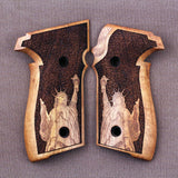 Sig Sauer M11-A1 custom walnut grips with Statue of Liberty logo engraving on P226 pistol.