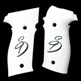 Sig Sauer P226 custom grips made from white PMMA acrylic with engraved logo for enhanced grip and style.