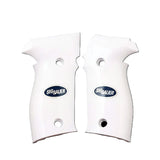 Sig Sauer M11-A1 custom grips made from white PMMA acrylic with silver logo on Sig Sauer P226 handgun.