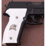 Sig Sauer P229 custom grips made from white PMMA acrylic with silver logo inlay, designed for enhanced firearm handling and aesthetics.