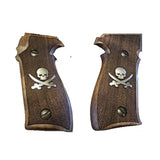 Sig Sauer P228 custom grips made of walnut wood with silver custom logo, designed for improved grip and style.