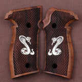 Walnut wood Sig Sauer P226 custom grips with silver logo, designed for improved grip and aesthetic appeal.
