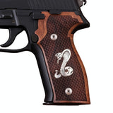 Sig Sauer P226 custom walnut wood grips with silver logo, designed for improved firearm handling and aesthetic appeal.