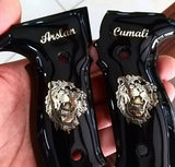 Sig Sauer P228 custom grips made from black PMMA acrylic with silver logo and text inlay, designed for the Legion model.