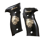 Sig Sauer P228 custom grips from Bestpistolgrips, black PMMA acrylic with silver logo and text inlay on the grips.