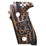Sig Sauer P228 custom grips made from walnut wood with engraved logo, designed to enhance firearm appearance and grip.