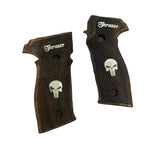 Sig Sauer P228 custom grips made from walnut wood with silver logo and inlay for enhanced firearm grip and aesthetic appeal