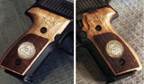 Sig Sauer P228 custom grips made from walnut wood with silver logo and text inlay, designed for enhanced firearm comfort and style.