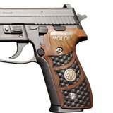 Sig Sauer P228 custom walnut wood grips with silver logo and text, designed for enhanced grip and aesthetic appeal.