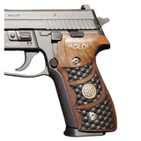 Sig Sauer P228 custom walnut wood grips with silver logo and text, designed for improved handling and stylish firearm customization.