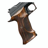 Sig Sauer P229 custom walnut grips with engraved text, designed for professional target shooting, by Bestpistolgrips.