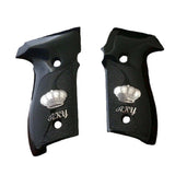 Black PMMA acrylic Sig Sauer P229 custom grips with silver logo and initials, designed for improved grip and style.