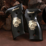 Black PMMA acrylic Sig Sauer P229 custom grips with silver logo and inlay for enhanced firearm handling and style.